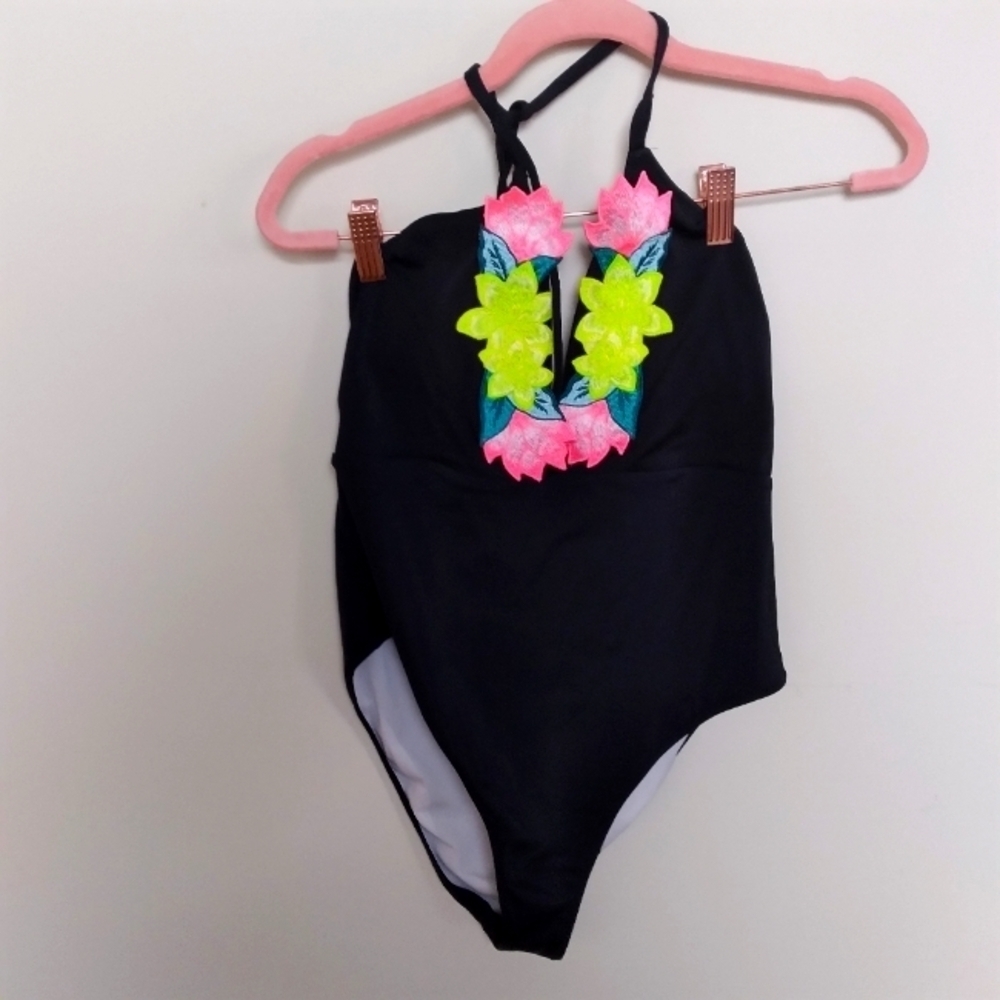 Victoria's Secret Pink Black Floral Halter One Piece Swimsuit Size Medium